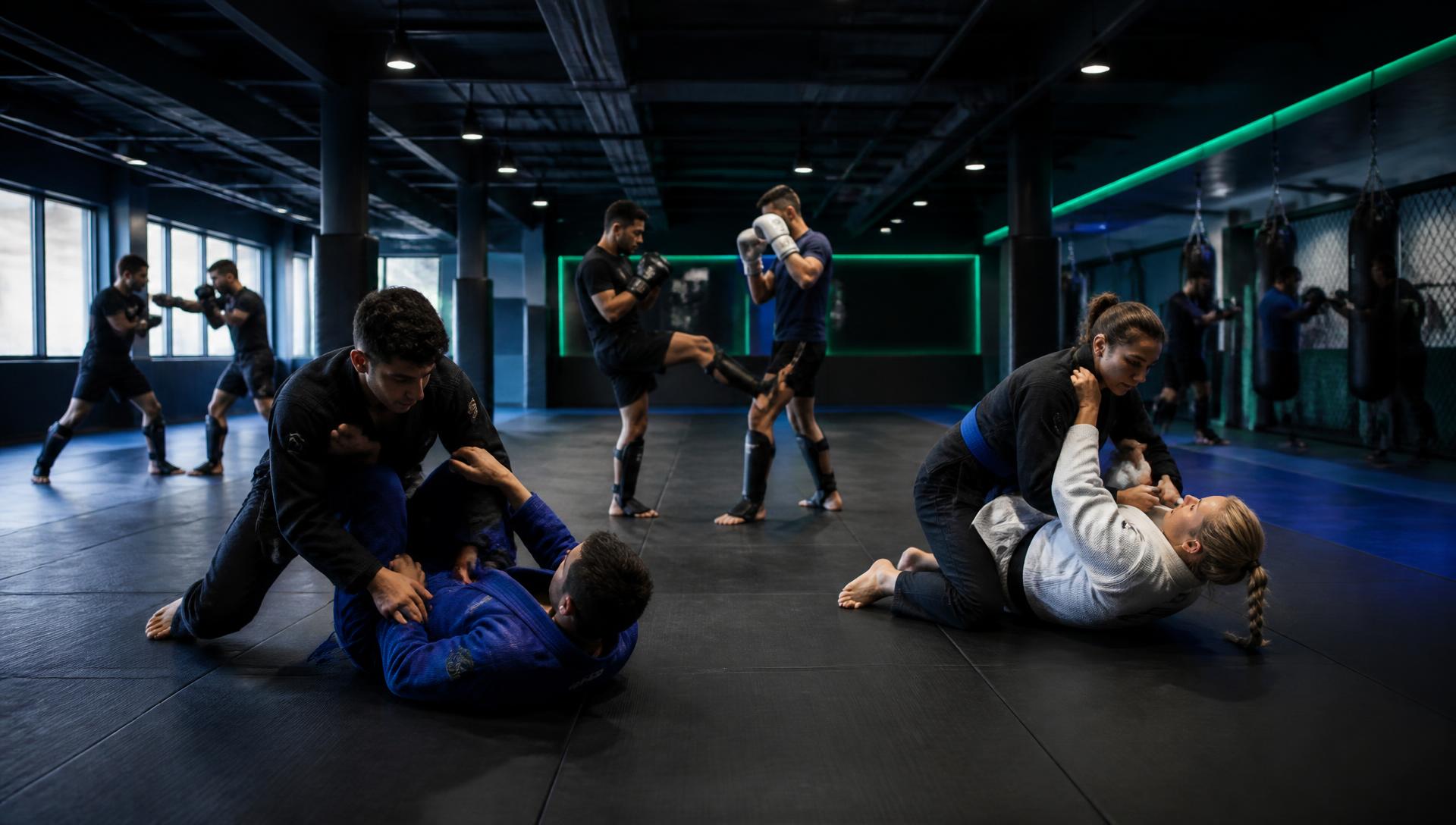 Athletes training in a martial arts gym